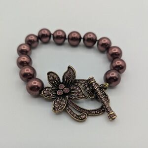 Heidi Daus Beaded Bracelet Bronze‎ Tone Flower Toggle Closure Crystal Accents